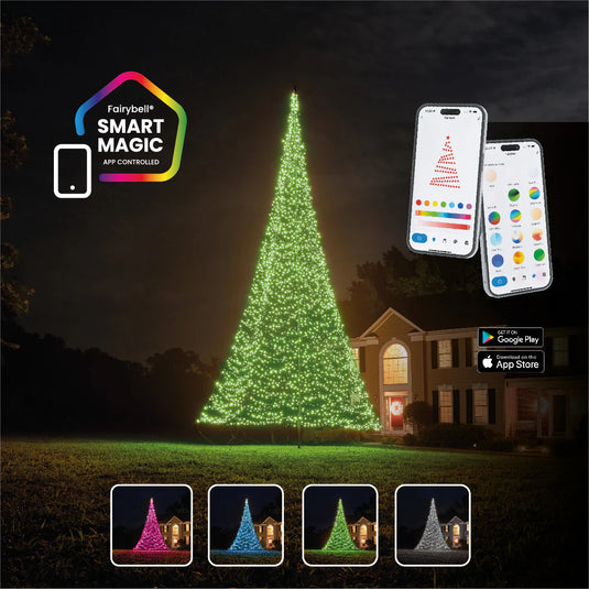 Graphic promoting the Fairybell Smart Magic Flagpole Christmas Tree Light with mobile app control and color change examples.