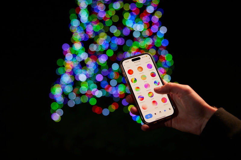 Load image into Gallery viewer, Hand holding a phone displaying the control app for the Fairybell Smart Magic Light against a blurred multicolor light background.
