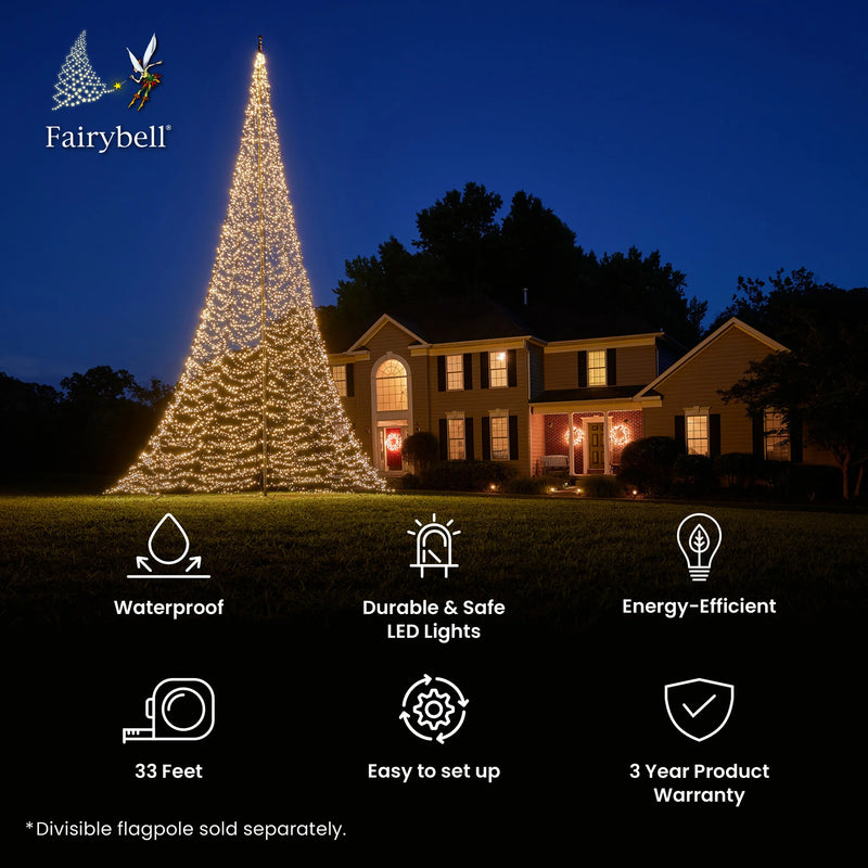 Load image into Gallery viewer, Warm white illuminated Fairybell Flagpole Christmas Tree Light next to icons listing six features, including Waterproof and 3-Year Product Warranty.
