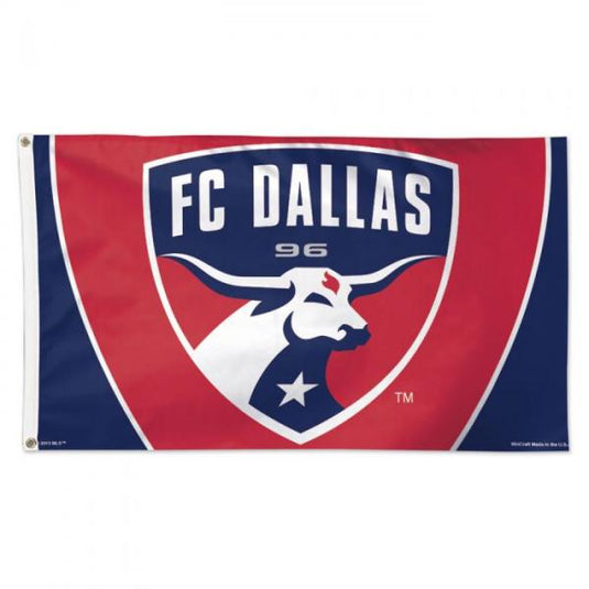 Deluxe 3'x5' FC Dallas Navy Blue MLS Flag, featuring the team's crest logo centered on the field. The design includes a large red shield outline, a white bull mascot with prominent horns, and 