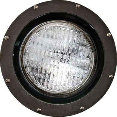 Round outdoor light fixture with clear glass cover and black metal frame on a white background
