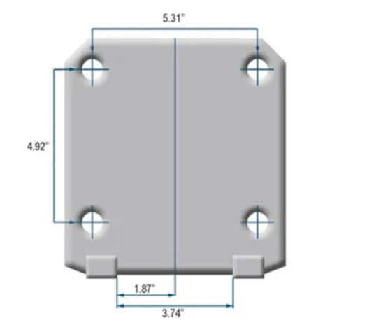 Dimensional diagram of a fiberglass flagpole square ground plate showing hole spacing and measurements labeled in inches.