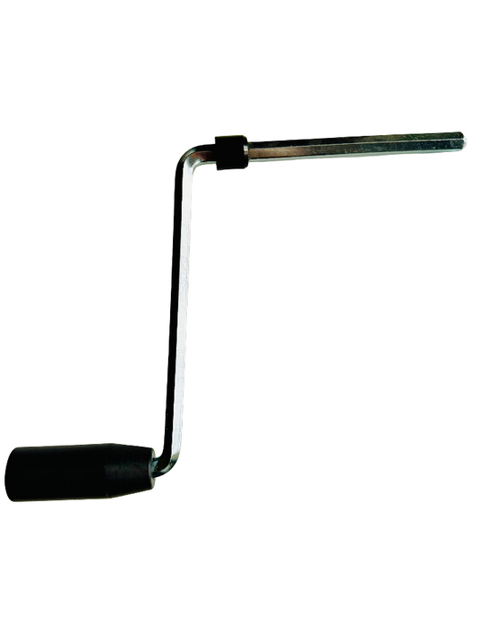 Metal fiberglass flagpole winch crank handle with black rotating grip, shown on a white background.