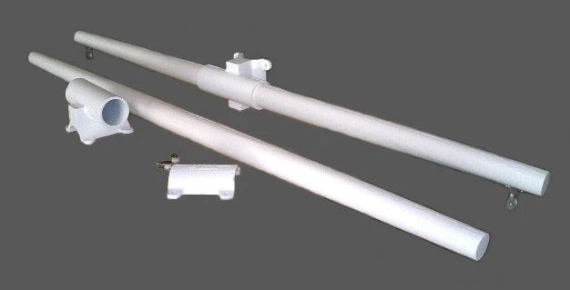 Load image into Gallery viewer, Fiberglass flagpole yardarm assembly with mounting brackets and end fittings, displayed on gray background.

