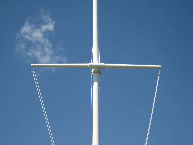 Load image into Gallery viewer, Fiberglass flagpole yardarm installed horizontally on a flagpole against a blue sky with support ropes attached.
