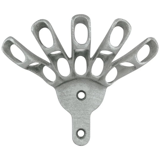 Five-position, cast aluminum Finger Bracket with five separate, angled slots resembling an open hand. The silver bracket includes a single center mounting hole and a hole on the extended base for securing a ceremonial display of flags.
