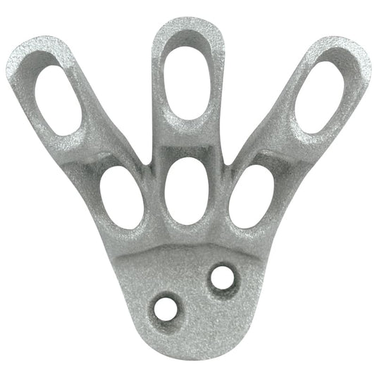 Three-position, cast aluminum Finger Bracket with a rough silver texture, featuring three angled slots for flagstaffs and two circular holes at the base for wall mounting.