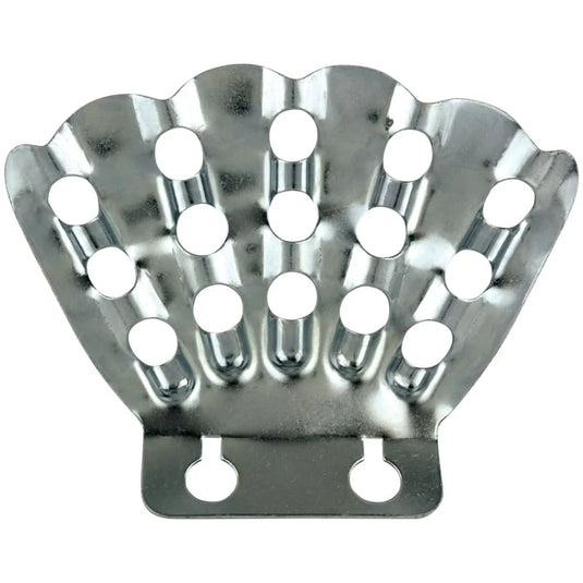 Stamped metal, galvanized steel Finger Bracket with twelve flagstaff sockets arranged in a fan-like pattern across three rows. The shiny silver bracket is designed for a large indoor flag display and includes two keyhole slots for mounting.