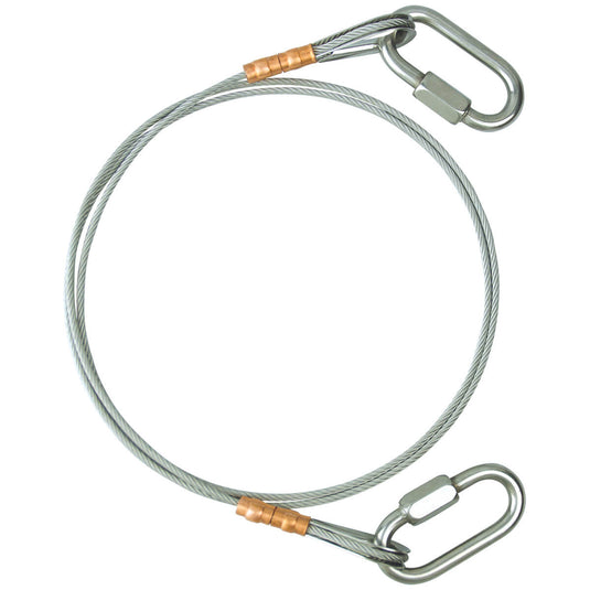 Stainless steel Flag Arrangement or cable assembly, consisting of a wire rope loop secured by copper crimps. Each end is fitted with a heavy-duty, polished metal quick link or snaphook for connecting flags to a halyard system.