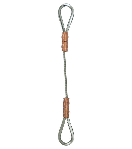 Stainless steel Flag Separation Cable assembly designed for internal halyard flagpoles. The short wire rope features large, rounded loops at both ends and is secured with heavy-duty copper crimps, used to create a consistent distance between multiple flags on a single halyard.