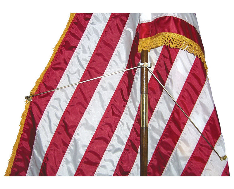 Load image into Gallery viewer, Closeup view of the flagpole spreader mechanism in action, two rods are holding the flag taught.
