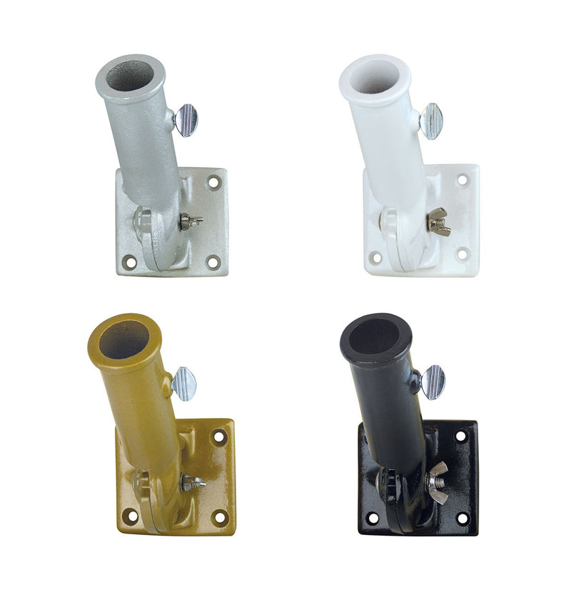 Load image into Gallery viewer, Four-panel display of the Aluminum Adjustable Flagpole Bracket showing the four available color finishes: Silver, White, Gold, and Black, illustrating the range of hardware color options.
