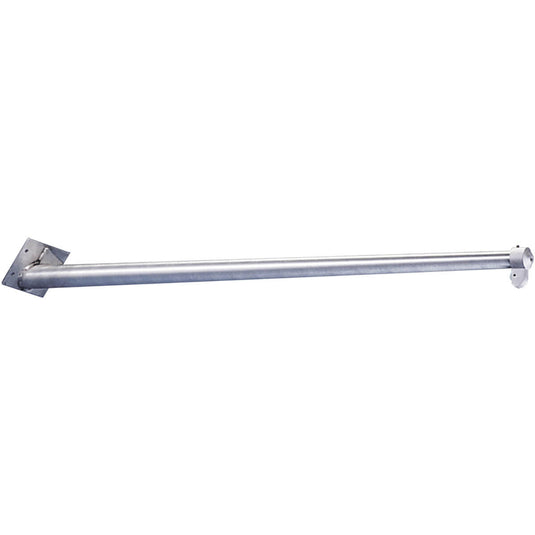 Long, horizontal view of the Flagpole Aluminum Cone Tapered Gaff. The silver aluminum arm is long and cylindrical, with a flat square mounting plate at one end and a specialized fitting at the opposite end for attaching a gaff rig to a vertical flagpole.