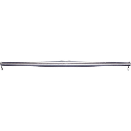 Horizontal view of the silver Flagpole Aluminum Cone Tapered Yardarm. The long, cylindrical crossbar tapers slightly at the ends and includes a centered mounting point for attachment to a flagpole, with small fittings for halyard lines visible on both ends.