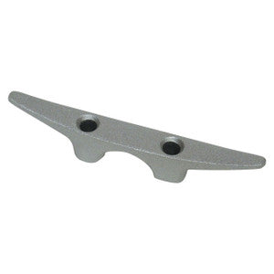 Load image into Gallery viewer, Single textured, silver Cast Aluminum Flagpole Cleat used for securing a halyard rope. The cleat has a classic boat shape with pointed ends and two mounting holes in the middle section.
