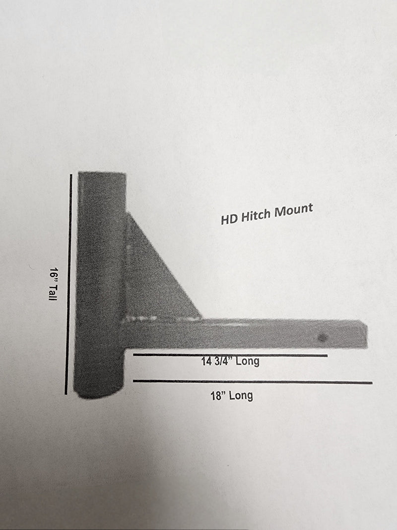 Load image into Gallery viewer, Diagram of the Flagpole Hitch Mount showing dimensions for the 16" tall receiver and 18" long hitch arm.
