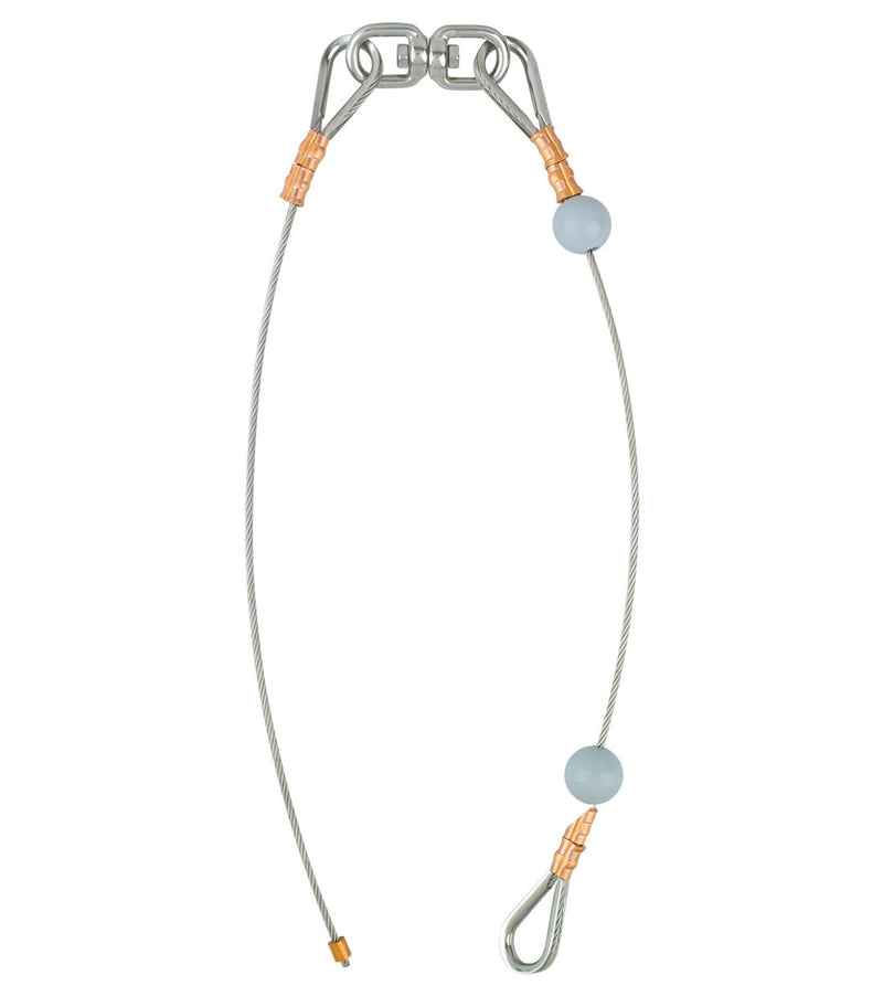 Load image into Gallery viewer, Assembled portion of the 2-Piece Flagpole Internal Halyard Cable Assembly for flag attachment. This section includes two metal quick links connected by a swivel, two wire rope extensions secured by copper crimps, and two gray halyard balls for spacing the flags.
