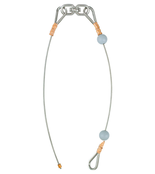 Assembled portion of the 2-Piece Flagpole Internal Halyard Cable Assembly for flag attachment. This section includes two metal quick links connected by a swivel, two wire rope extensions secured by copper crimps, and two gray halyard balls for spacing the flags.