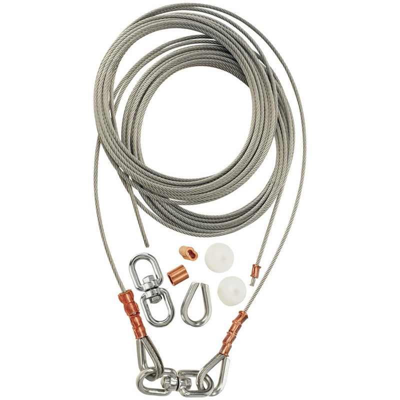Load image into Gallery viewer, Full kit of the 2-Piece Flagpole Internal Halyard Cable Assembly. The kit includes a coiled length of wire rope, two large stainless steel quick links, copper crimps, and two white nylon ball retainers for flag attachment.
