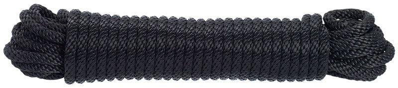 Load image into Gallery viewer, Coiled section of the dark, durable Black Solid Braided Polyester Flagpole Halyard, highlighting the tight braided construction and UV-resistant material.

