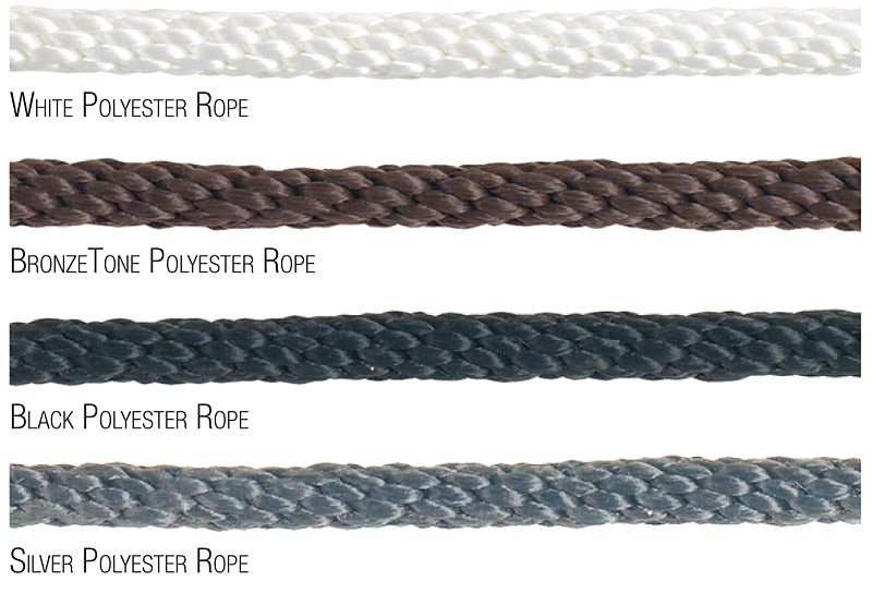 Load image into Gallery viewer, Color swatch comparison displaying four close-up sections of Solid Braided Polyester Flagpole Halyard: White, BronzeTone, Black, and Silver Polyester Rope, illustrating the different available color options.
