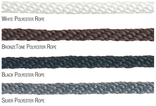 Color swatch comparison displaying four close-up sections of Solid Braided Polyester Flagpole Halyard: White, BronzeTone, Black, and Silver Polyester Rope, illustrating the different available color options.
