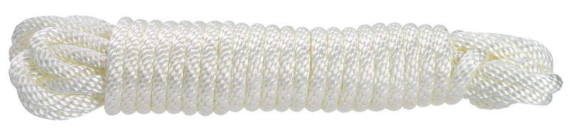 Load image into Gallery viewer, Coiled section of thick, White Solid Braided Polyester Halyard Rope for flagpoles, showcasing the smooth, durable weave and bright white synthetic material.
