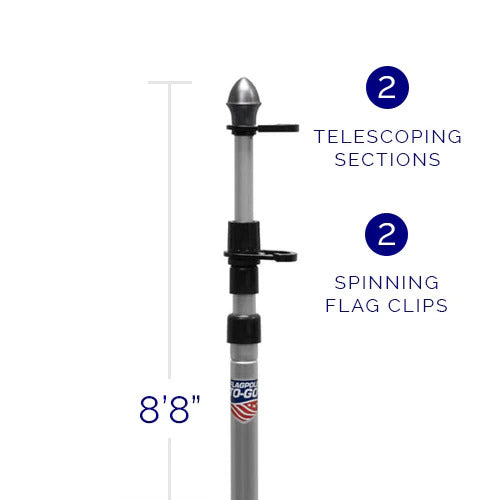 Load image into Gallery viewer, Specification diagram for the Flagpole-To-Go Portable Telescoping Flagpole measuring 8'8". The pole features two telescoping sections, two spinning flag clips, and a silver decorative top ornament.
