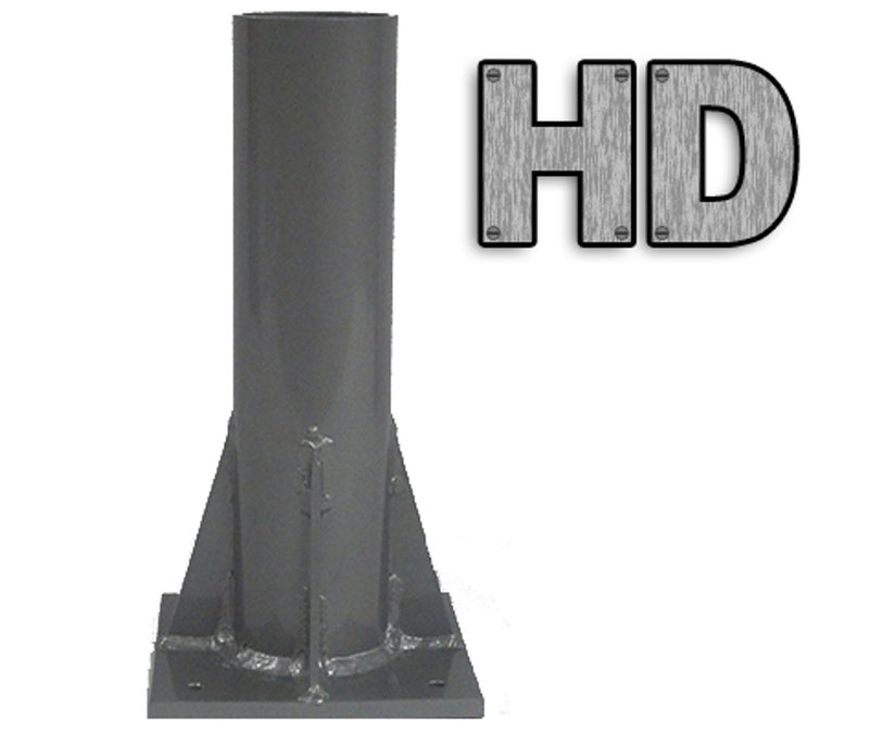 Load image into Gallery viewer, Dark gray, welded steel Flagpole Top Deck/Dock Mount showing heavy-duty construction with triangular gussets bracing the tall cylindrical shaft to the square base plate. The graphic includes the stylized, bolted text "HD" for heavy duty.
