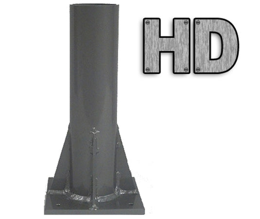 Dark gray, welded steel Flagpole Top Deck/Dock Mount showing heavy-duty construction with triangular gussets bracing the tall cylindrical shaft to the square base plate. The graphic includes the stylized, bolted text "HD" for heavy duty.