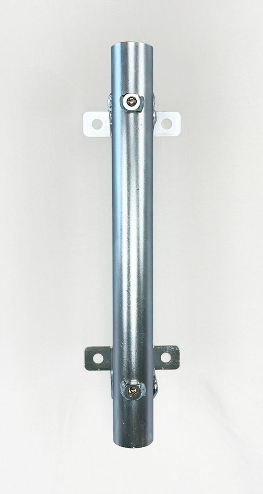 A satin flagpole vertical wall mount bracket made of aluminum, displayed against a grey backdrop.