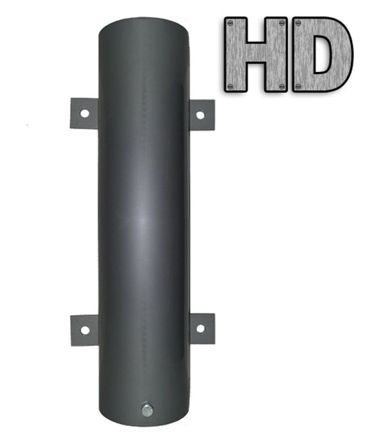 Dark gray Flagpole Vertical Wall Mount Bracket illustration, highlighting the cylindrical shaft and two flat side flanges. The graphic includes the bold, bolted text "HD" (Heavy Duty) to denote its robust construction.