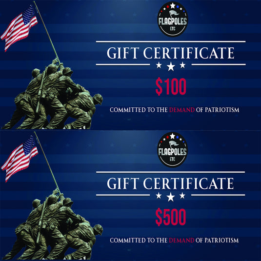 Digital Flagpoles Etc Gift Certificate design on a deep blue background with a patriotic star pattern. The certificate features an illustration of the Iwo Jima flag raising. The image displays two denominations: a $100 value and a $500 value.