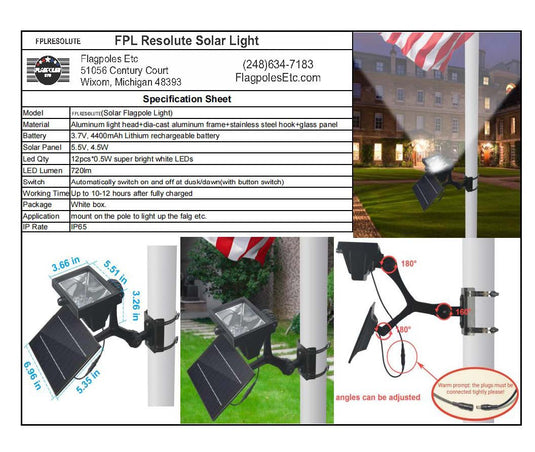 Specification sheet for the FPL Resolute Solar Flagpole Light (720 lumens), detailing key features including the 4400mAh lithium battery, 12 super bright white LEDs, IP65 rating, and multiple diagrams illustrating the adjustable arm and pole mounting with adjustable angle measurements.