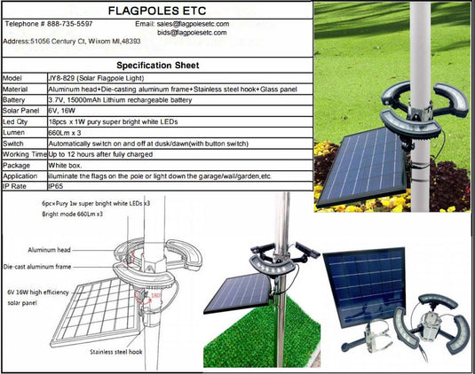 Specification sheet for the Freedom Tri Bright Solar Flagpole Light, detailing the 18 super bright white LEDs, 660 lumens per light, 15000mAh battery, and a diagram showing the three adjustable light heads and the connected solar panel.