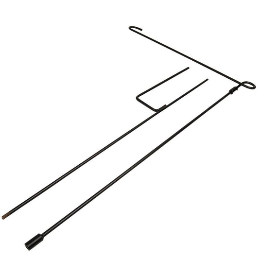 Black metal wire garden flag banner bracket disassembled, showing the main angled stake with a looped top, the two separate slender pole sections, and the small U-shaped anti-wind clip. This hardware kit is used for securely displaying decorative garden flags.