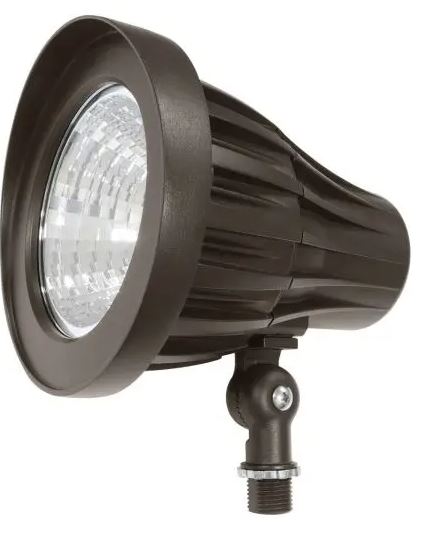 Dark brown GKOLED commercial bullet light in a rugged, adjustable housing, shown at a three-quarter angle to emphasize the deep hood and bright LED spotlight reflector. This fixture is designed for flagpole illumination and uplighting.