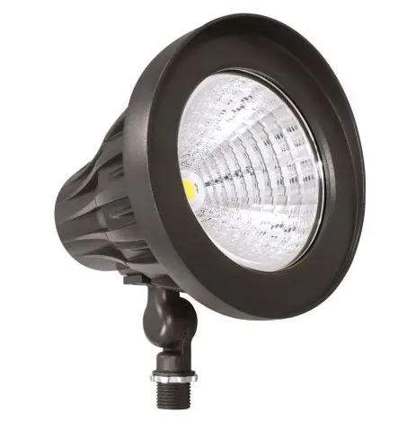 Front, head-on view of the dark bronze GKOLED bullet light for flagpole illumination, clearly showing the powerful integrated LED light chip and highly reflective internal optics in a durable, textured aluminum casing.