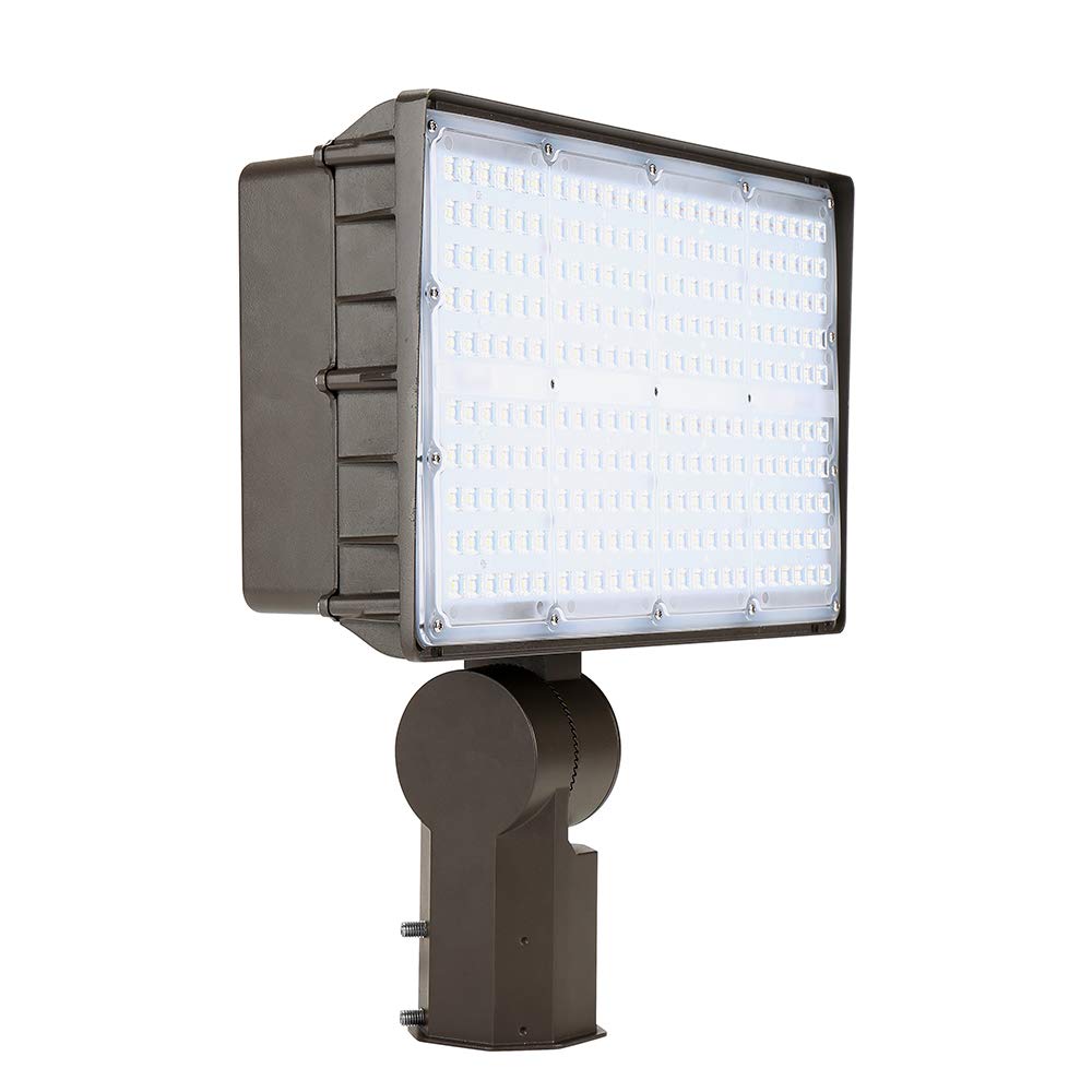 Commercial-grade GKOLED LED Flood Light fixture in a dark bronze, rugged die-cast aluminum housing. The 27000 lumen rectangular light panel is positioned on a secure, adjustable 2-inch fitter mount for permanent outdoor installation.