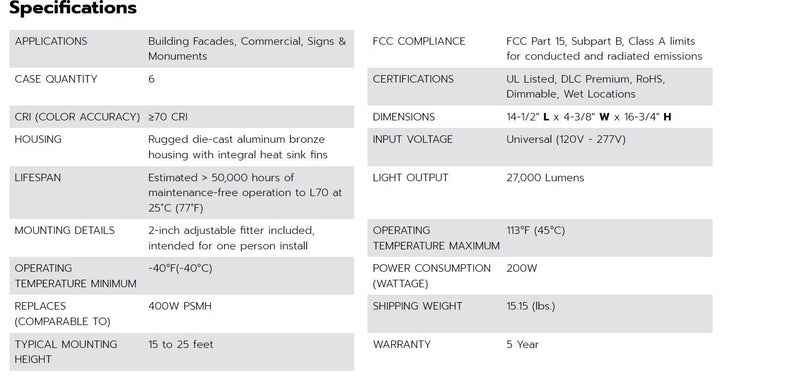Load image into Gallery viewer, Technical specifications chart for the GKOLED 27000 Lumens LED Flood Light, highlighting key features: 4000K color temperature, 200W consumption, over 50,000 hour lifespan, UL Listed/DLC Premium certifications, and dimensions of 16-3/4" H x 14-1/2" L.
