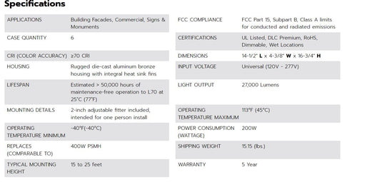 Technical specifications chart for the GKOLED 27000 Lumens LED Flood Light, highlighting key features: 4000K color temperature, 200W consumption, over 50,000 hour lifespan, UL Listed/DLC Premium certifications, and dimensions of 16-3/4
