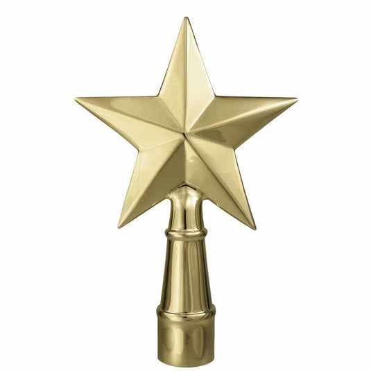Polished Gold Metal Texas Star finial with five points and an adapter base for indoor flagpoles.