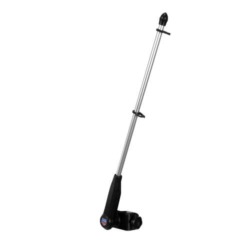 Silver aluminum flagpole designed for mounting on a golf cart or other vehicle, featuring an adjustable black plastic base and clamp for secure attachment. The flagpole includes two small black mounting clips for flag display and a decorative black top ornament.