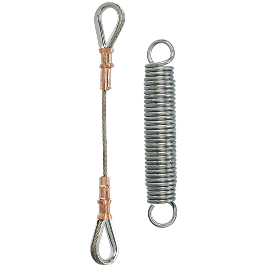 Close-up of two individual components for heavy-duty flagpole flag arrangement: a short cable pigtail (jump-wire) with copper crimps and looped ends, next to a large, tightly wound spring tensioner used to absorb wind stress and maintain flag tautness.