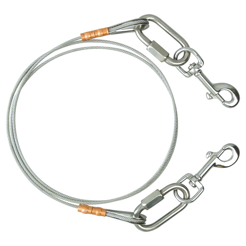 Load image into Gallery viewer, Circular view of a heavy-duty flagpole flag arrangement made from stainless steel cable, complete with two large, heavy-gauge swivel snap hooks for securing a flag. The cable ends are permanently secured with copper crimps (sleeves).
