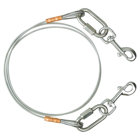 Circular view of a heavy-duty flagpole flag arrangement made from stainless steel cable, complete with two large, heavy-gauge swivel snap hooks for securing a flag. The cable ends are permanently secured with copper crimps (sleeves).
