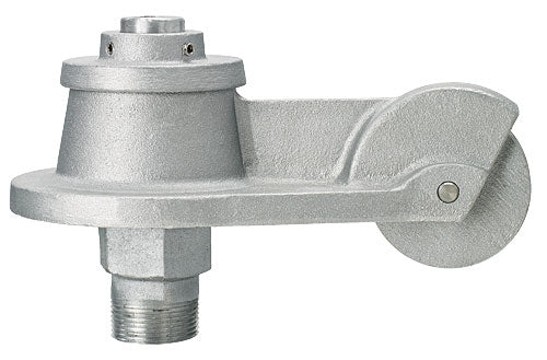 Angled side view of the heavy-duty revolving flagpole truck, showing the top cap with recessed grommet ports for oil lubrication, the smooth conical body, and the threaded exterior halyard spindle attachment point.