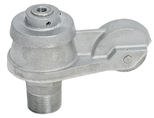 Load image into Gallery viewer, Top-down view of a USA-made, heavy-duty single revolving flagpole truck for external halyard systems, featuring a die-cast aluminum silver finish, a single integrated aluminum sheave (pulley wheel), and a threaded spindle connection at the bottom.
