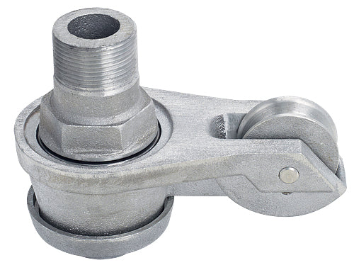 Underside perspective of the heavy-duty revolving flagpole truck, clearly displaying the deep, threaded hub where the ornament or top cap attaches, and the single cast aluminum sheave wheel for routing the flag halyard rope.