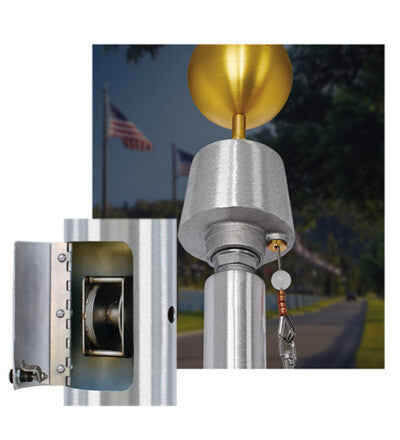 Close-up detail of a flagpole access door for an internal halyard system, specifically showing the small hinge and screw set. The cutaway reveals the interior cam cleat and the locking mechanism with a key for securing the halyard system on a silver aluminum flagpole.